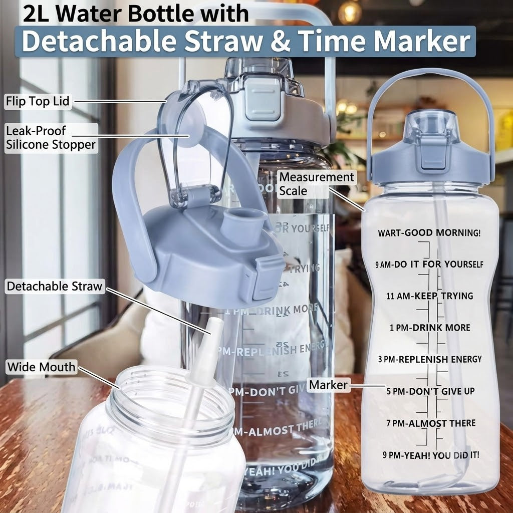 2 Litre Water Bottle with Time Markings, Big Water Bottle Motivational Water Bottle, Clear Water Bottle Plastic Water Bottle