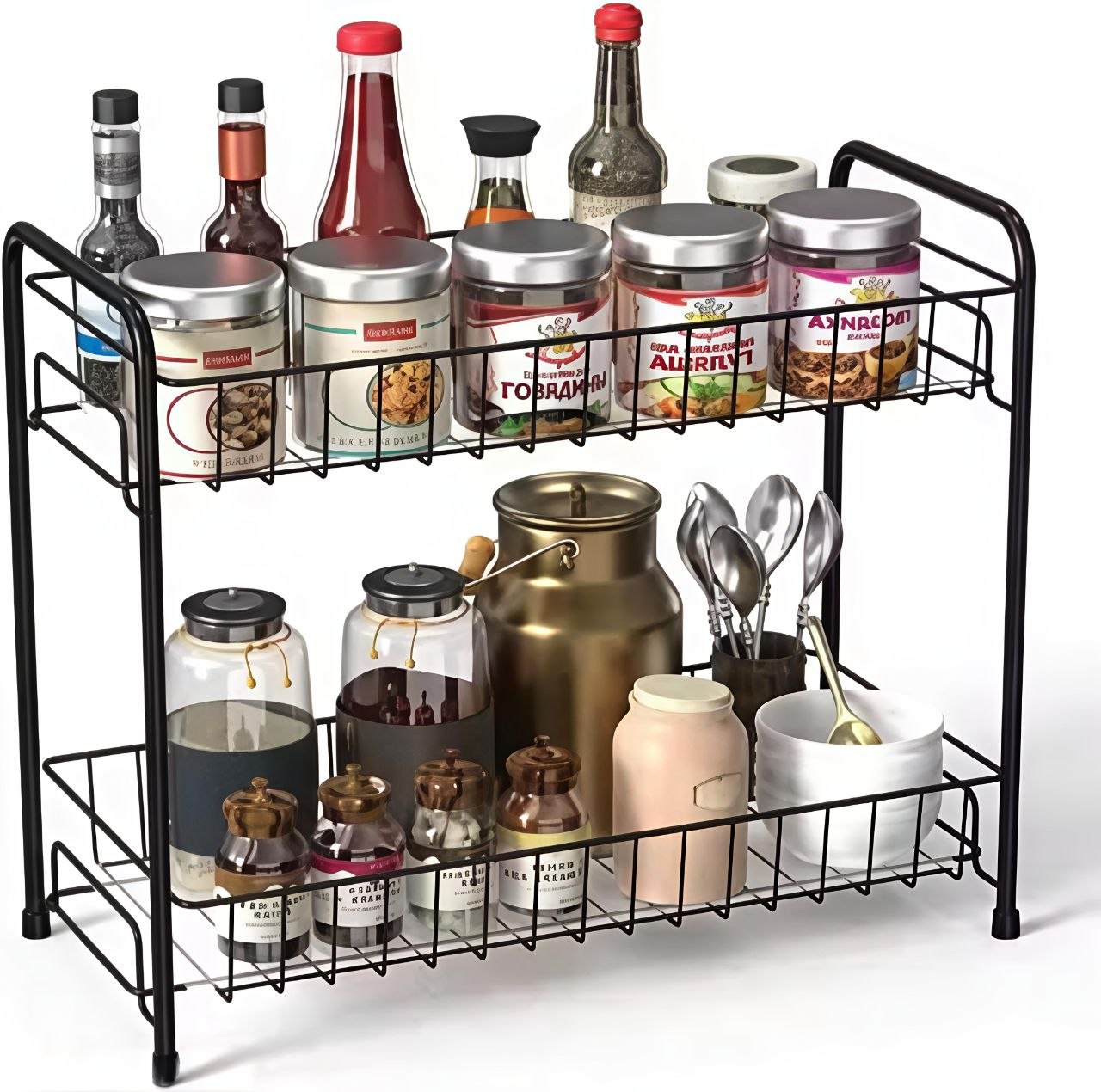 2 Tier Foldable Kitchen Spice Rack for Countertop, Bathroom, Storage Shelf Seasoning Organizer Kitchen Cabinet Holder
