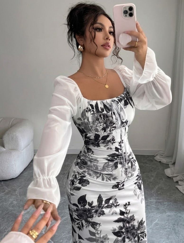 NEW woman square neck design puff sleeve maxi DREES