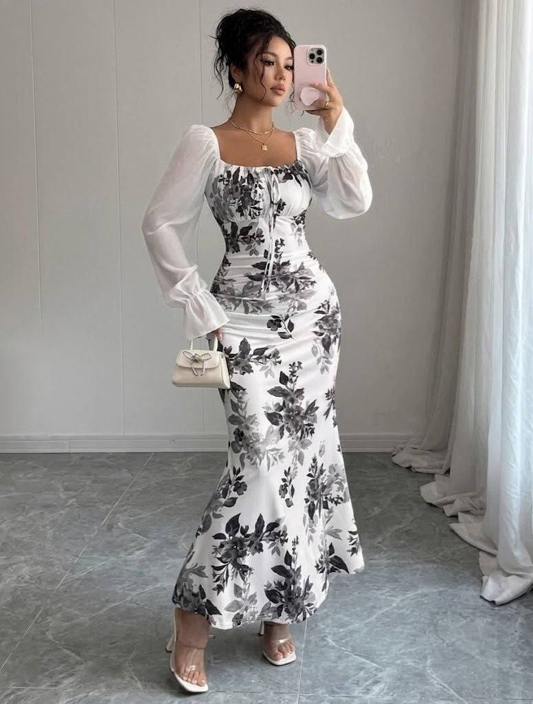 NEW woman square neck design puff sleeve maxi DREES