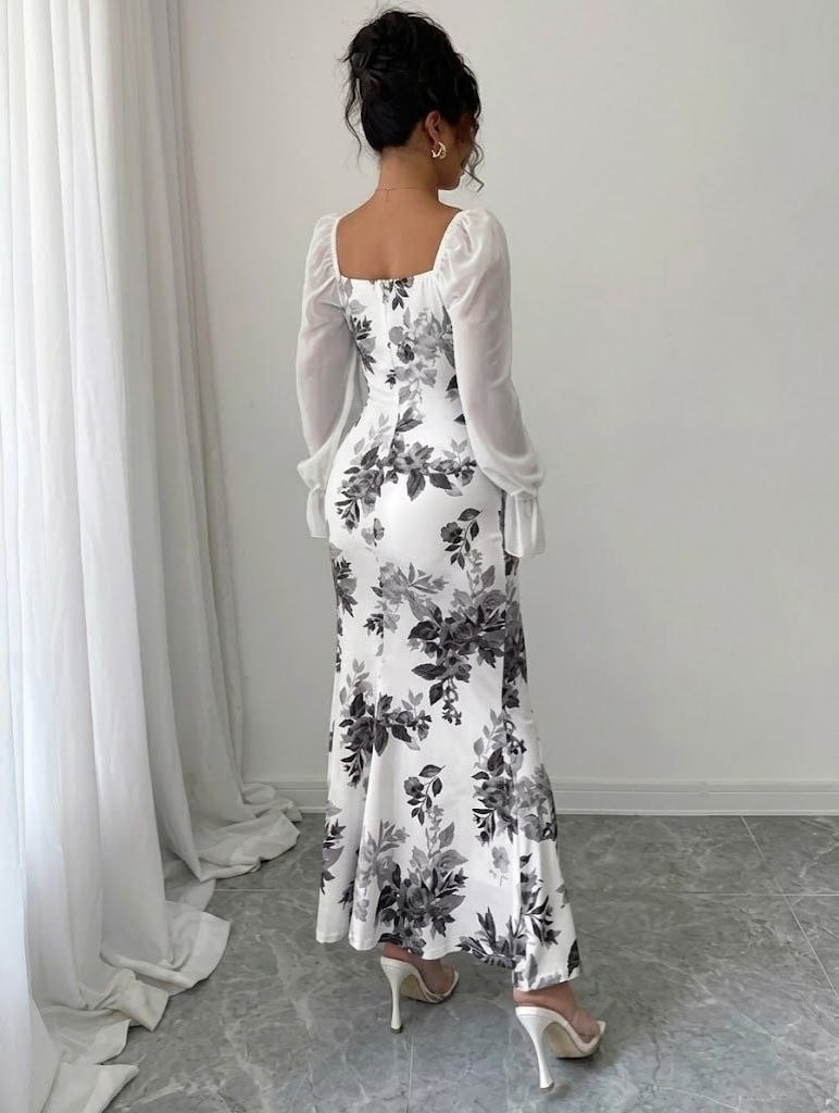 NEW woman square neck design puff sleeve maxi DREES