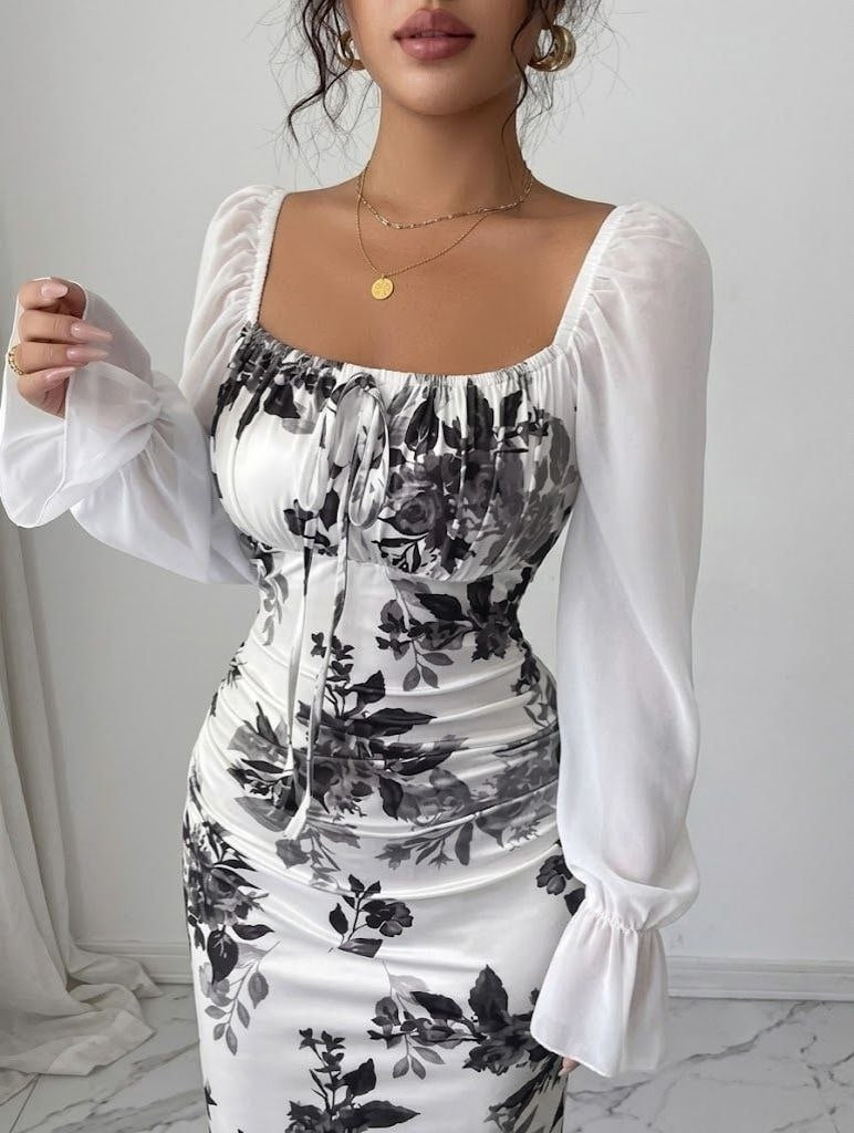 NEW woman square neck design puff sleeve maxi DREES